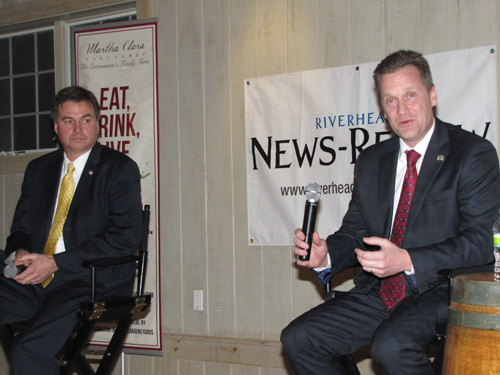 Suffolk County 1st Legislative District debate in Riverhead Southold Councilman Al Krupski, Riverhead Supervisor Sean Walter, Martha Clara Vineyards.