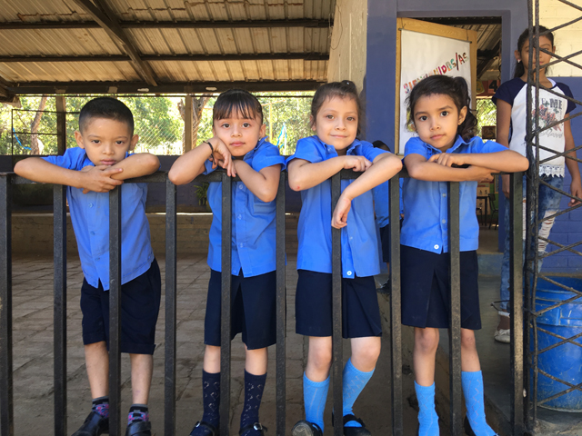 Students from the village of Jacuapa at their school. PBMC staff distributed dental goody-bags and toys to the children. (Credit: Laura Kelly)