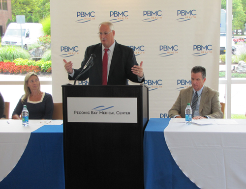 PBMC_health TIM GANNON PHOTO | PMBC Health president and CEO Andrew Mitchell announces the health group's new brand name at a press event Wednesday at Peconic Bay Medical Center hospital in Riverhead.