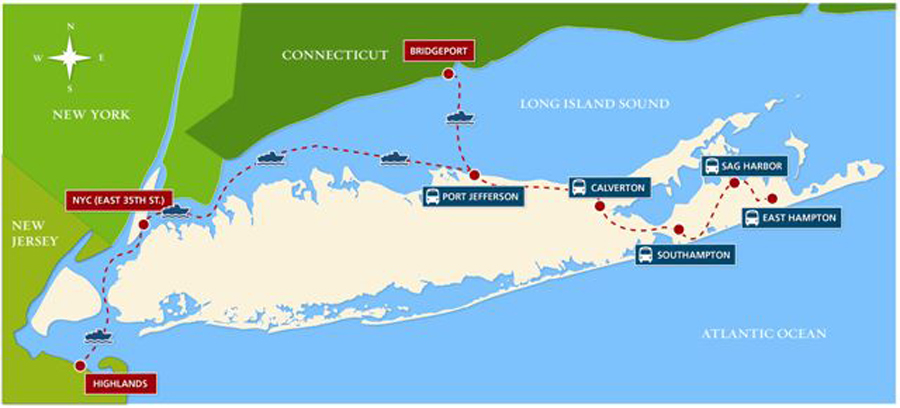 [Click to enlarge] Pictured is a map of all the weekend ferry and bus trips provided by Sea Jitney. (Credit: Courtesy)