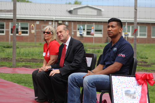 From left, Southold Educational Foundation secretary and school board member Judi Fouchet, Mr. Gamberg and Mr. Castillo.