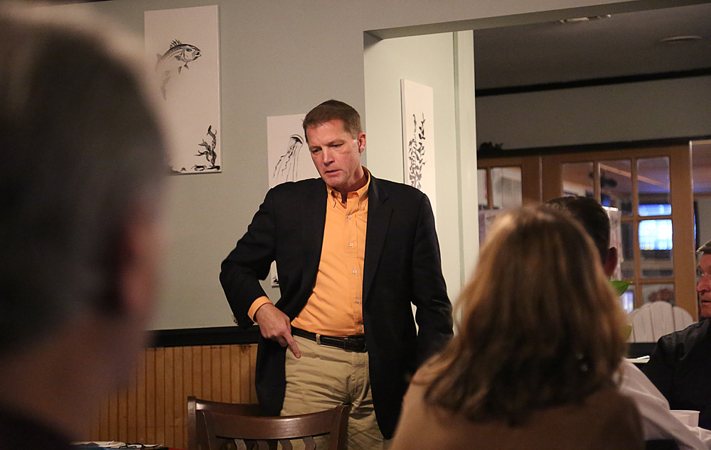 Town Supervisor Scott Russell speaks at a Mattituck Chamber of Commerce meeting Wednesday night to explain his call for a moratorium on new wineries. (Credit: Paul Squire)