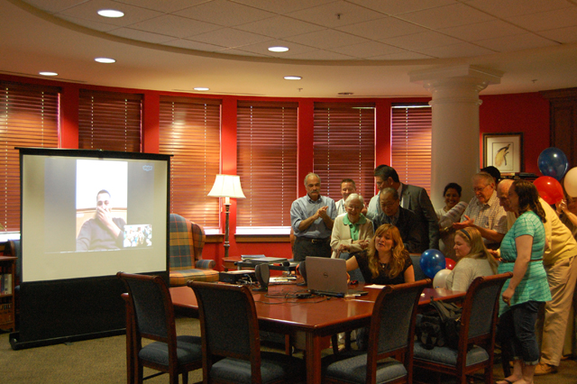 Brecknock Hall at Peconic Landing officials let Staff Sgt. Rob Surozenski know he won their Veteran's Day Wedding Giveaway contest. (Credit: Nicole Smith)