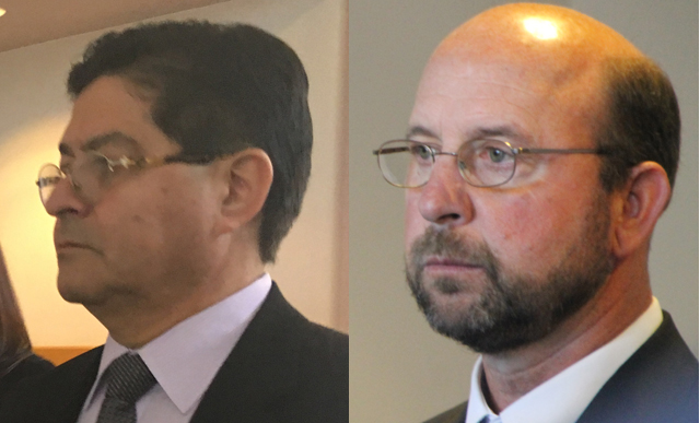 Defendants Carlos Pino, left, and Steven Romeo, right, enter court Wednesday. (Credit: Jen Nuzzo, left, and Paul Squire)