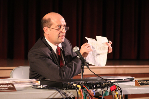 JENNIFER GUSTAVSON FILE PHOTO | Southold School District Superintendent David Gamberg during a recent public meeting on Common Core.