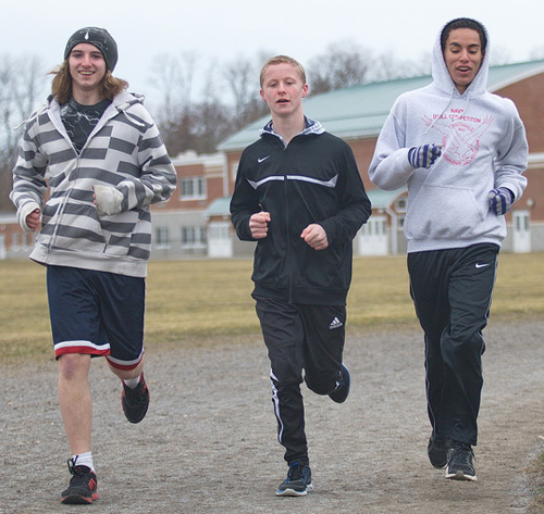 GARRET MEADE PHOTO | From left, three Greenport freshmen — Nick Wallace, Justin Bracken and Bayron Rivas — during Monday's practice.