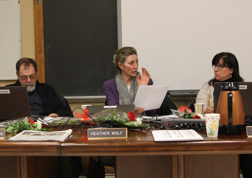 Greenport school boards member Heather Wolf, center, and Dan Creedon disagreed Monday over scheduling a June 25 special meeting. (Credit: Jennifer Gustavson, file)