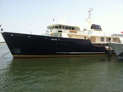MICHAEL WHITE PHOTO | The Intuition II, shown here in 2012, is one of the largest private yachts in the world, docked each summer across the bay in Sag Harbor.