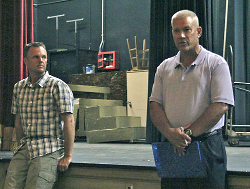 JENNIFER GUSTAVSON FILE PHOTO | Greenport School District athletic director Jim Caliendo, right, and high school principal Leonard Skuggevik at an August public forum discussing the school’s new track program.