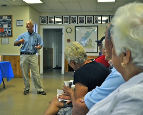 RACHEL YOUNG PHOTO | Southold Town emergency coordinator Lloyd Reisenberg addresses East Marion residents at Saturday's 