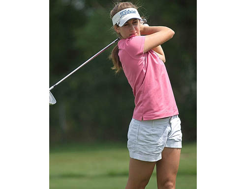GARRET MEADE FILE PHOTO | Golfer Marie Santacroce of Mattituck, shown here practicing at Island’s End Golf and Country Club in Greenport, was named to her conference All-Academic team.