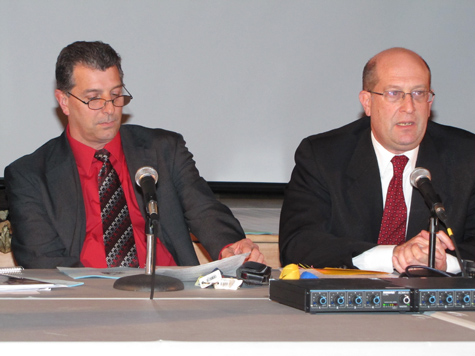 FILE PHOTO | Greenport Superintendent Michael Comanda, left, and Southold Superintendent David Gamberg recently announced a joint agreement to hire a technology director.