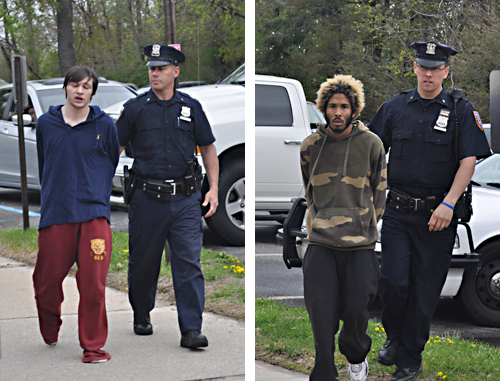 Police lead Colegedo Mokus and Nigel Ortiz into court Friday morning. (Credit: Cyndi Murray)