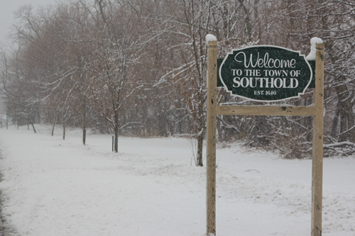 JENNIFER GUSTAVSON PHOTO | A snowy Southold Town sign on Main Road in Mattituck.