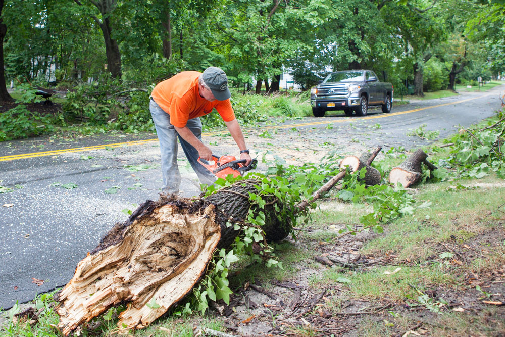 John Fudjinski clears a fallen tree on New Suffolk Avenue. (Credit: Katharine Schroeder)