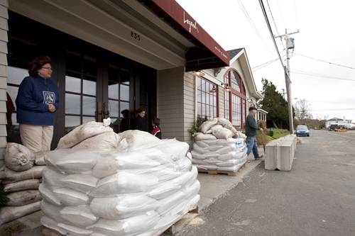Sandbags in front of Legends in New Suffolk