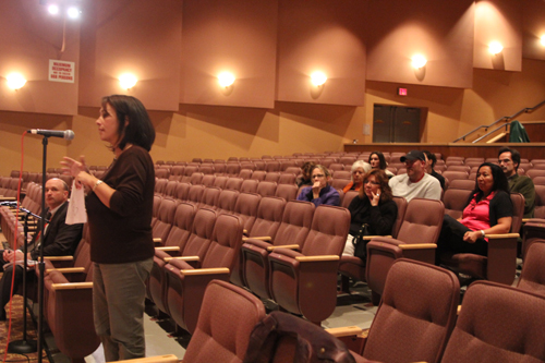 JENNIFER GUSTAVSON PHOTO | Peconic resident Angela Noncarrow expresses her concerns about Common Core to the Southold school board Wednesday night.