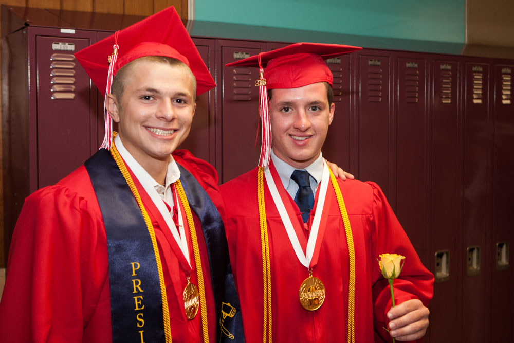 Valedictorian Aidan Walker, left, with salutatorian Noah Mina. (Credit: Katharine Schroeder)