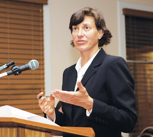 KATHARINE SCHROEDER FILE PHOTO | Southold planning department director Heather Lanza describes the town's plan for Plum Island earlier this year. The town later passed the first-ever zoning regulations on the island.