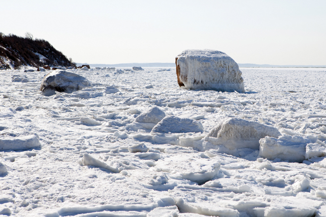 The frozen Sound shoreline at the end of Duck Pond Road in Cutchogue Friday afternoon. (Credit: Katharine Schroeder)