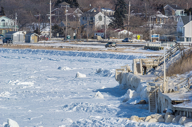 The Long Island Sound shoreline near Soundview Avenue in Southold as it appeared about 11 a.m. on Feb. 16. Just a day before freezing over, large swells as high as 10 feet could be seen in the Sound from the Southold Town beach. (Credit: John-Paul Stanisic)