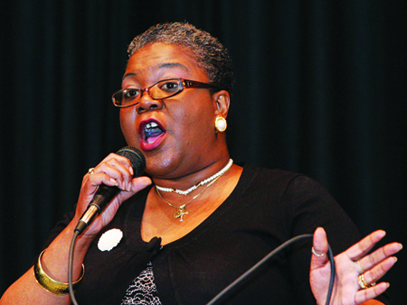 Jus B'Cuz member Grace Hubbard sings a gospel song for Sunday's Old Fashioned Variety Show at Greenport School. The event benefited Greenport American Legion's building fund.