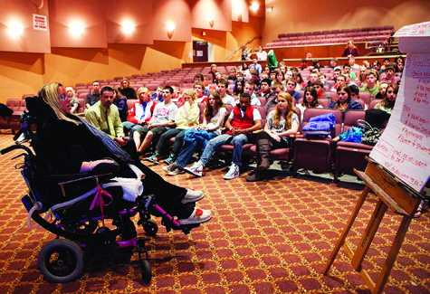 Kim Haeg, Southold Kim Haeg speaks to students at Southold High School on Monday morning.
