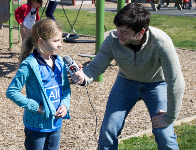Elementary scholl student Michaela Lynch is interviewed by high school students. (Credit: Grant Parpan)