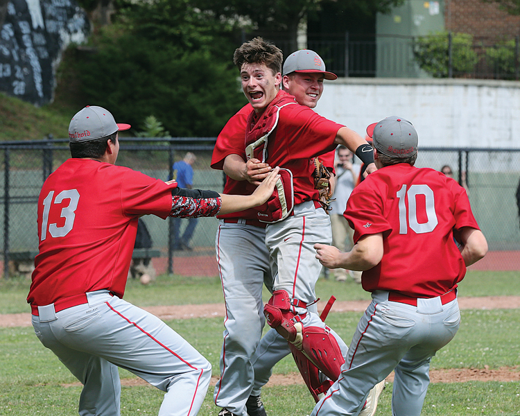 The Celebration begins! Southold defeated Tuckahoe 8-5  in the Class C Baseball Regional Championship game at  Mamaroneck High School in Mamaroneck NY June 6 2015.Daniel De Mato