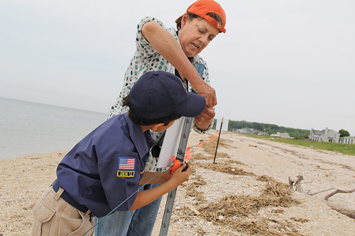 North Fork Audubon Society volunteer Diana Van Buren helps Gabriel Perez Colombo, 8, of Cutchogue hang his handmade sign at a Kenney's Beach nesting area last Wednesday. (Credit: Carrie Miller)