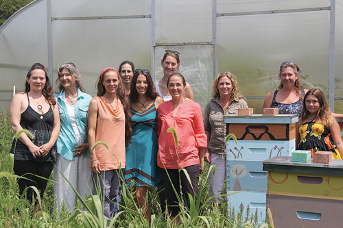 Cooperative members (from left) Liz Morrison, SusanMerrie Hellerer, Nadira Vlaun, Nicole Orens, Diane Gunder, Maggie Wood of Golden Earthworm Organic Farm in Riverhead, April Alexander, Cassie Kanz and Sarah Shephard with her daughter Mary beside the group's honeybee hives at Golden Earthworm. (Credit: Carrie Miller)