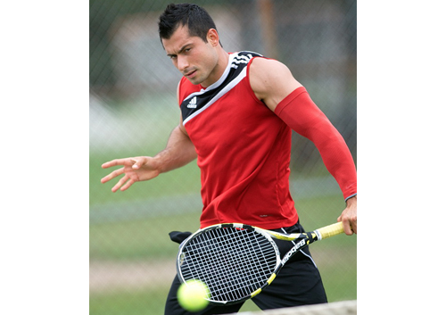 Chris Ujkic delivered 17 winners on Sunday when he won his eighth straight men's singles title in the Bob Wall Memorial Tennis Tournament. (Credit: Garret Meade)