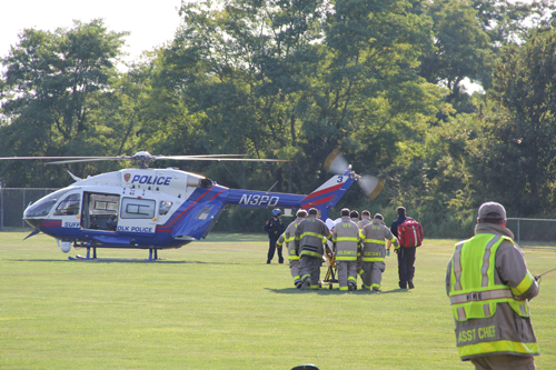 CARRIE MILLER PHOTO | Two people were airlifted to Stony Brook Medical Center after crashing into a deer on Route 48 Sunday evening.
