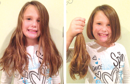 COURTESY PHOTO | Southold first-grader before and after she cut her hair for Locks of Love.