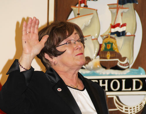 CARRIE MILLER PHOTO | Town Clerk Betty Neville being sworn in to a fifth four-year term Thursday morning in Town Hall.