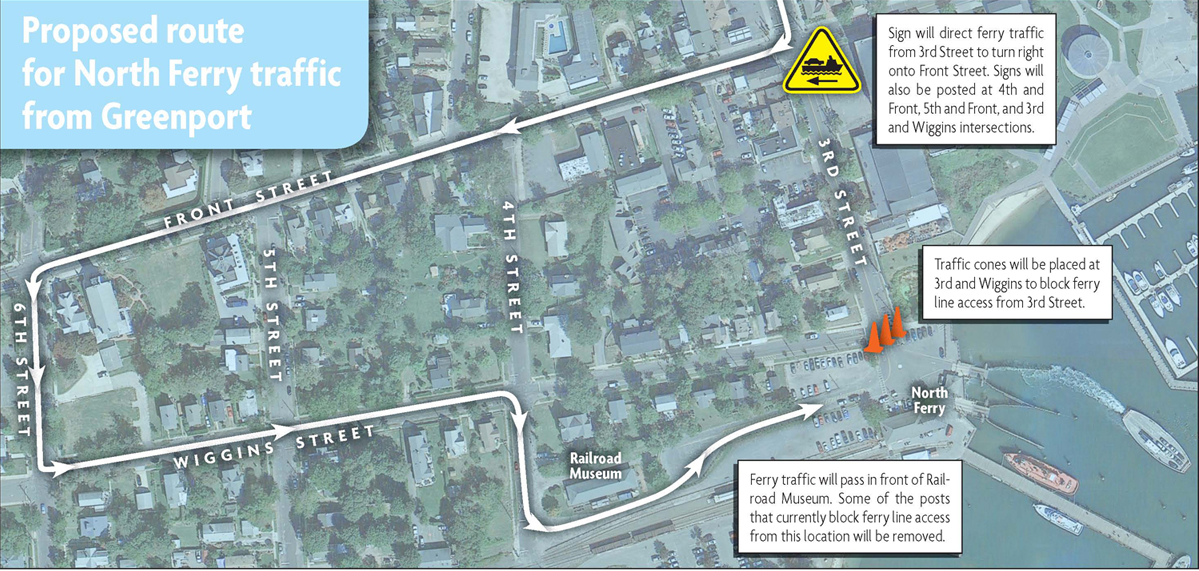 The proposed ferry route. (Credit: Suffolk Times illustration/Google Maps)