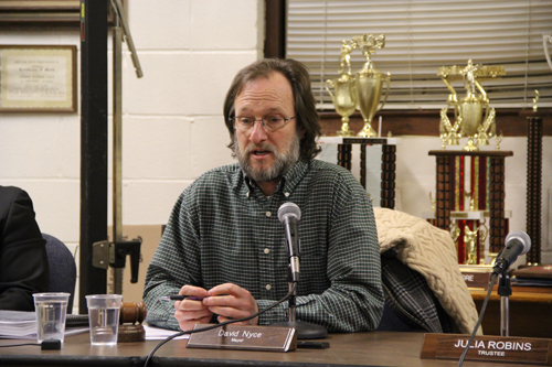 CARRIE MILLER PHOTO | Greenport Mayor David Nyce discussing the electric penalty fee and other billing problems at Monday night’s Village Board meeting.