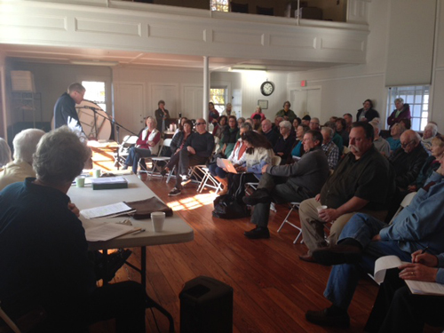 PAUL SQUIRE PHOTO | Southold Supervisor Scott Russell addresses the crowd at Saturday's deer management meeting in Orient.