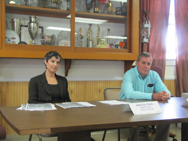 The candidates for a Southold Town Trustee seat, Abigail Field and David Bergen, at Saturday's debate. (Credit: Tim Gannon)